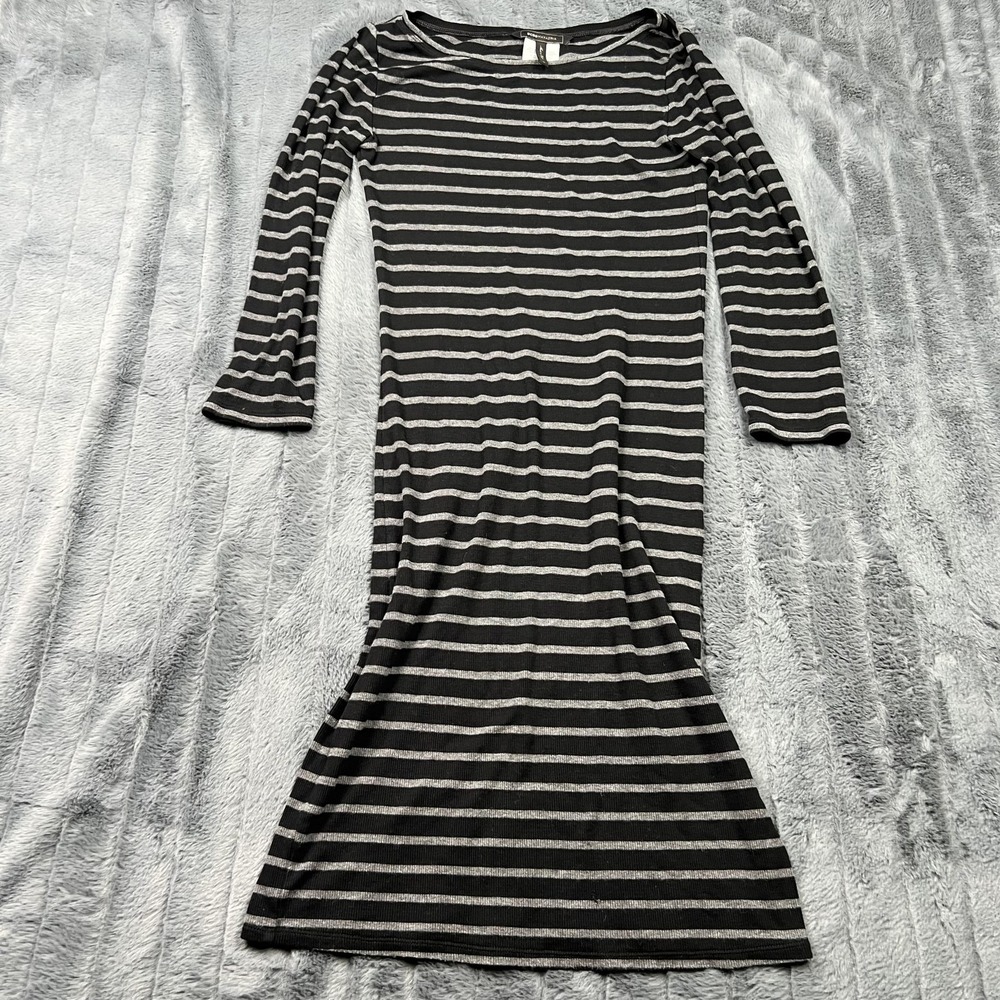 BCBGMAXAZRIA Sweater Dress Womens M Black Striped Midi Boat Neck Knit Lyocell
